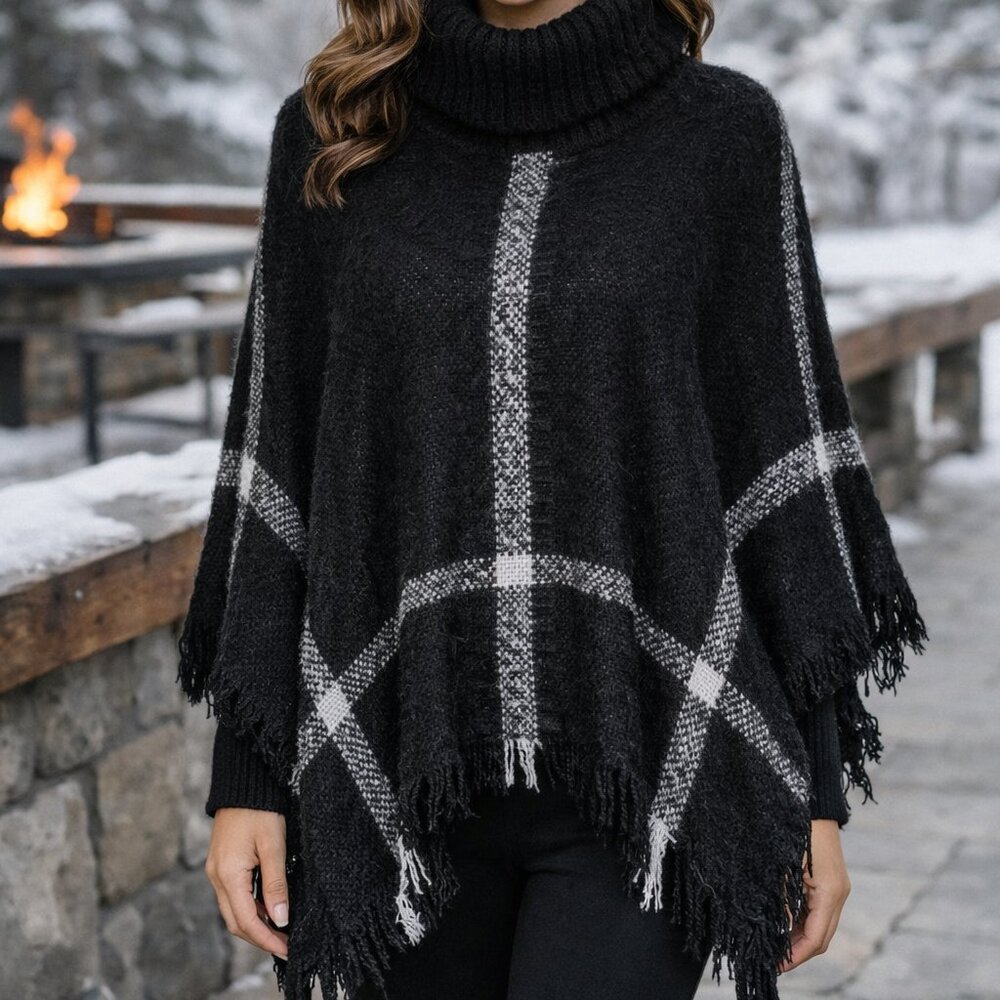 Van Heusen Black & White Poncho with Collar | Cozy Knit Wrap | NWT | One Size